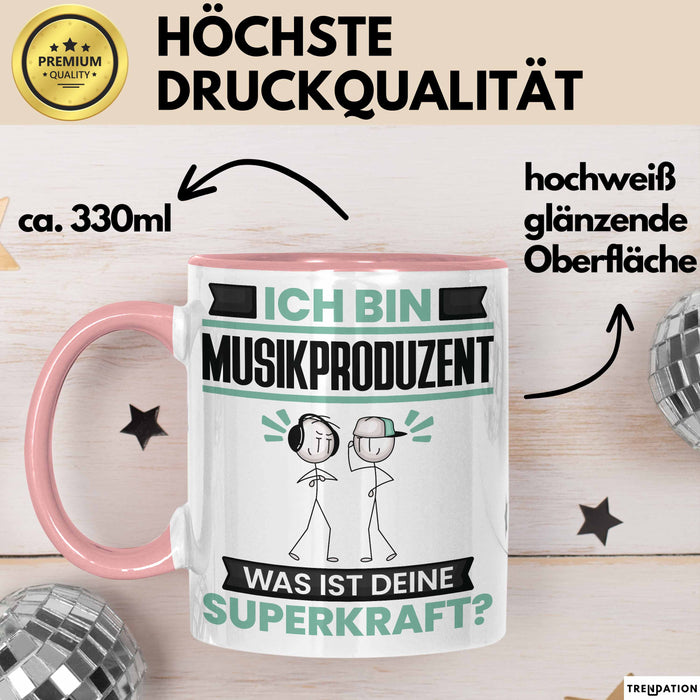 Musikproduzent Tasse Geschenk für Musikproduzent Geburtstag Lustiger Spruch Kaffee-Becher Was Ist Deine Superkraft Rosa Trendation