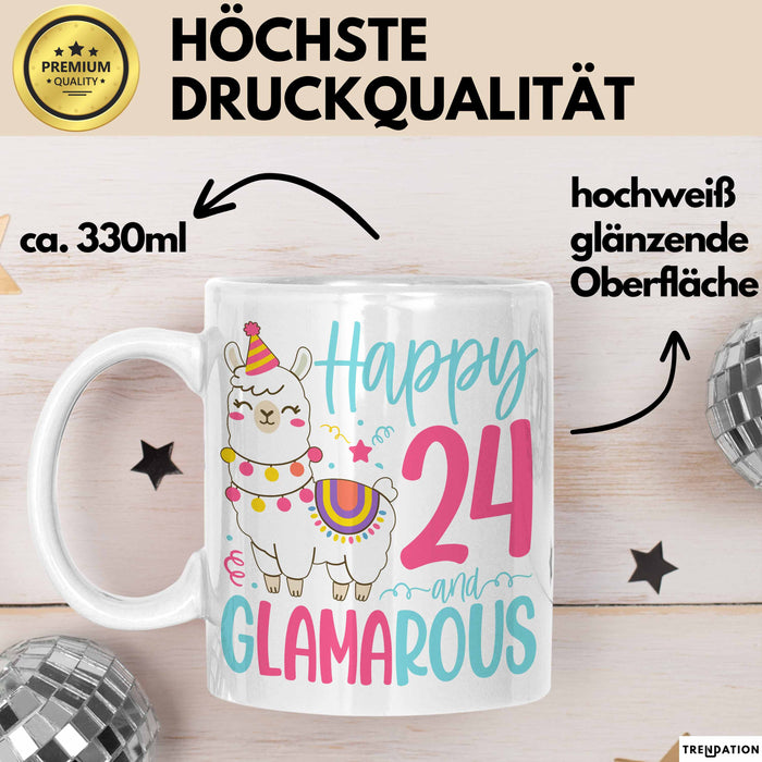 24er Geburtstag Tasse Geschenk Happy 24 And Glamarous Llama Alpaka Liebhaber Geschenkidee zum Geburtstag Weiß Trendation