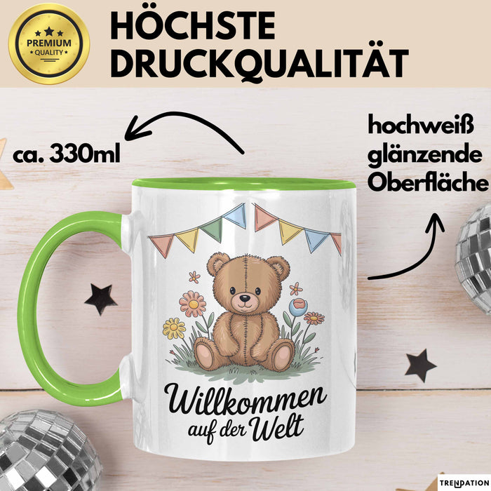 Baby Geburt Neue Eltern Tasse Geschenk Lustige Geschenkidee Spruch Willkommen Auf Der Welt Grün Trendation