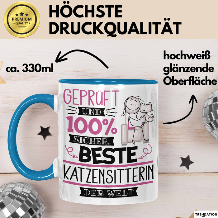 Beste Katzensitterin Der Welt Tasse Geschenk für Eine Katzensitterin Geprüft Und Sicher Geschenkidee Geburtstag Weihnachten Blau Trendation