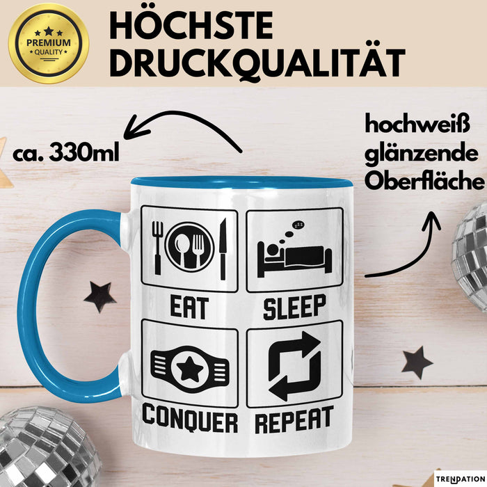 Gamer Tasse Geschenk Eat Sleep Conquer Repeat Geschenkidee Becher Blau Trendation