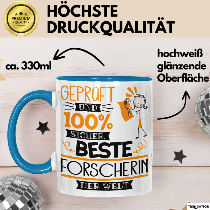 Beste Forscherin Der Welt Tasse Geschenk für Eine Forscherin Geprüft Und Sicher Geschenkidee Geburtstag Weihnachten Blau Trendation