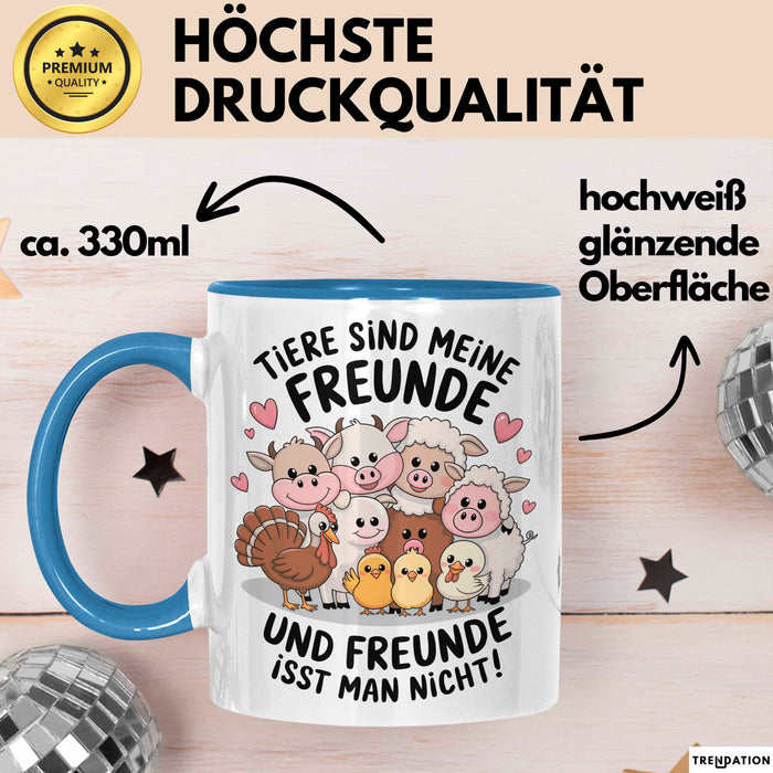 Vegan Vegetarisch Tasse Geschenk Lustige Geschenkidee Spruch Tier Sind Meine Freunde Blau Trendation