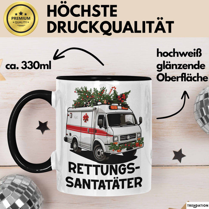 Rettungssanitäter Tasse Geschenk Rettungssantatäter Spruch Notarzt Geschenkidee Kaffee-Becher Schwarz Trendation