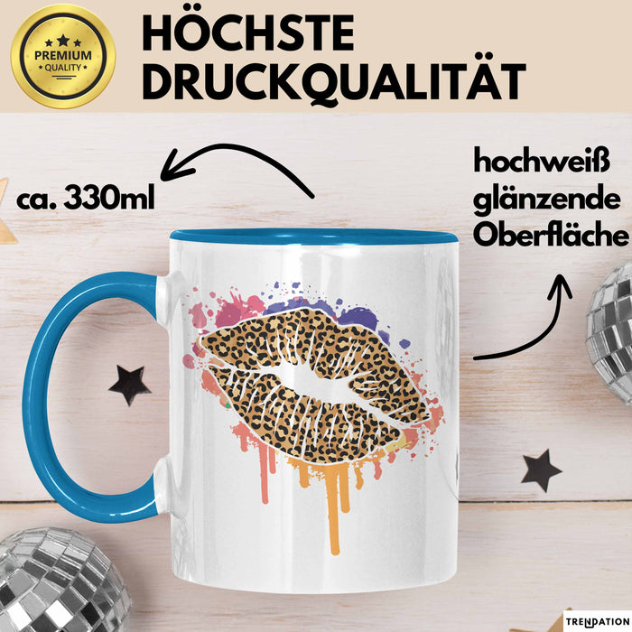 Leoparden Lippen Tasse Geschenk Cool Lips Kiss Leopardenmuster Kaffee-Tasse Geschenkidee Blau Trendation