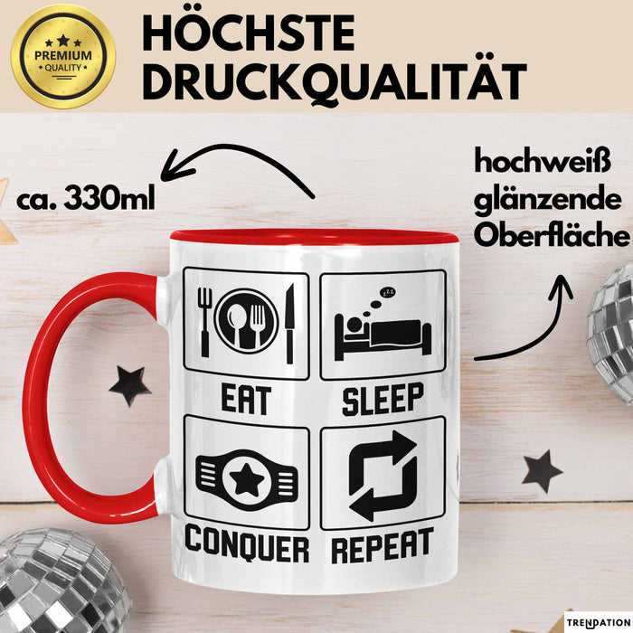Gamer Tasse Geschenk Eat Sleep Conquer Repeat Geschenkidee Becher Rot Trendation