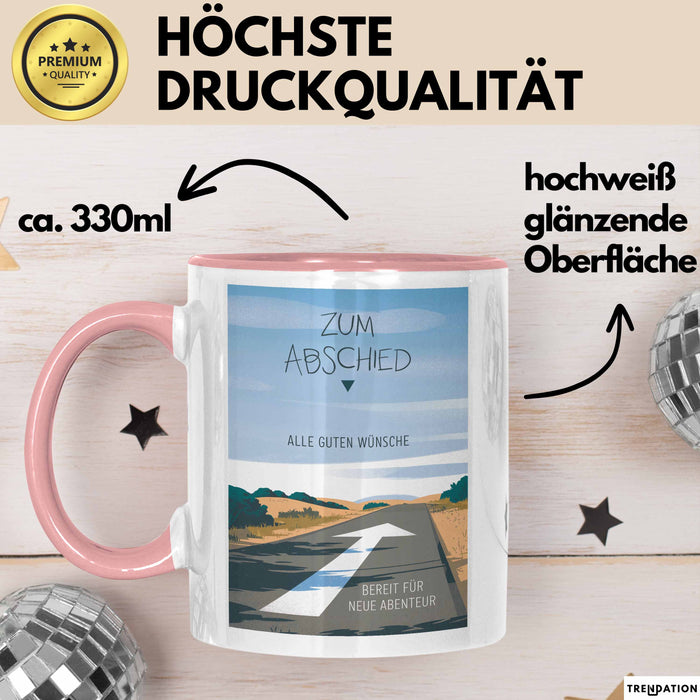 Büroarbeit Kollege Abschied Tasse Geschenk Lustige Geschenkidee Spruch Zum Abschied Alle Guten Wünsche Bereit Für Neue Abenteuer Rosa Trendation