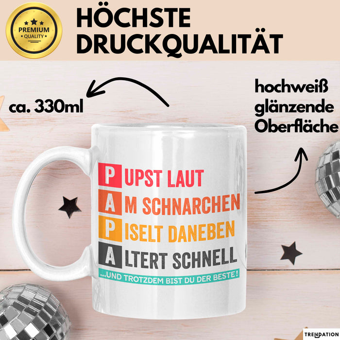 Papa Vatertag Tasse Geschenk Lustige Geschenkidee Spruch Pupst Laut Am Schnarchen Pisel Daneben Weiß Trendation
