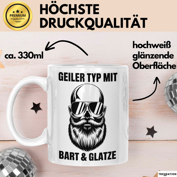 Glatzköpfige Männer Tasse Geschenk Lustige Geschenkidee Geiler Typ Mit Bart Und Glatze Weiß Trendation