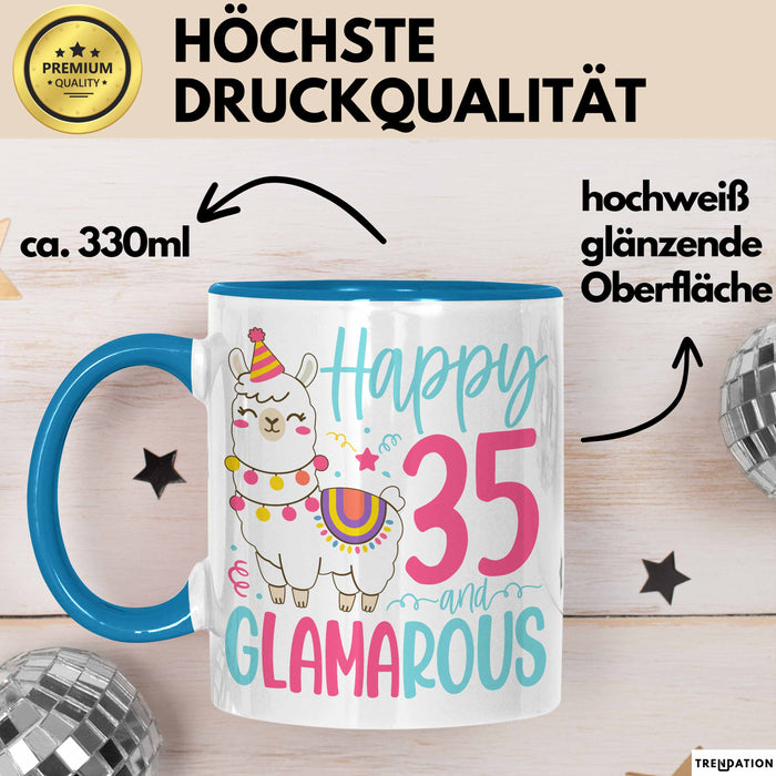 35er Geburtstag Tasse Geschenk Happy 35 And Glamarous Llama Alpaka Liebhaber Geschenkidee zum Geburtstag Blau Trendation