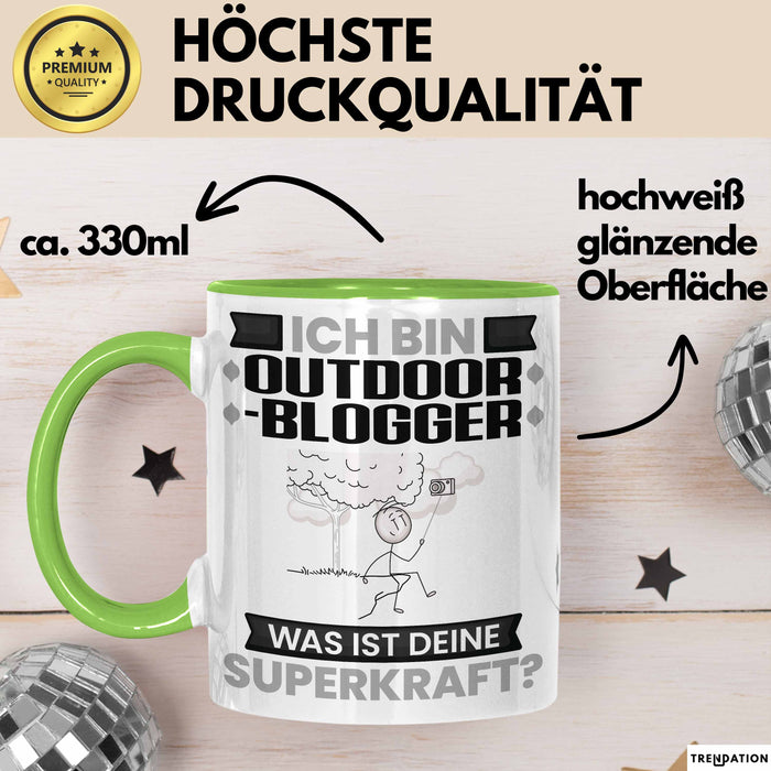 Outdoor-Blogger Tasse Geschenk für Outdoor-Blogger Geburtstag Lustiger Spruch Kaffee-Becher Was Ist Deine Superkraft Grün Trendation