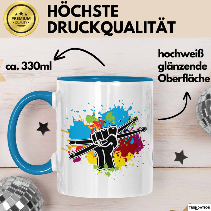 Schlagzeug-Spieler Geschenk Drummer Tasse Geschenkidee Spruch Bunte Farben Schlagzeuger Blau Trendation