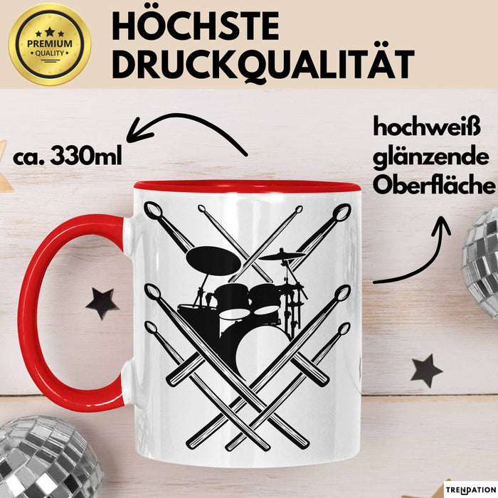 Drummer Schlagzeug-Spieler Geschenk Tasse Geschenkidee Kaffee-Becher Schlagzeuger Schlagzeug Stick Rot Trendation