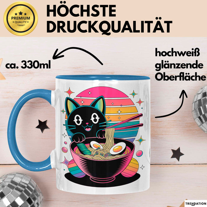 Katzen Tierliebhaber Tasse Geschenk Lustige Geschenkidee Spruch Katze Isst Ramen Nudeln Blau Trendation