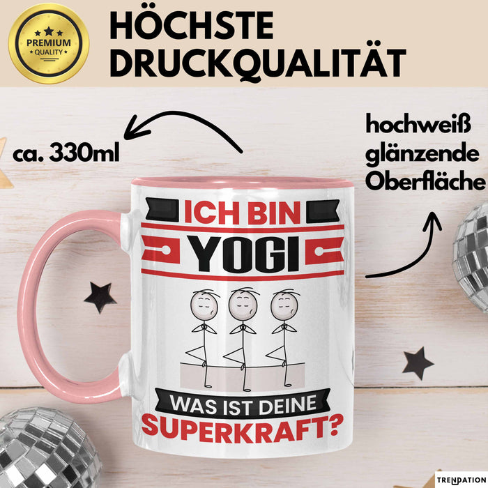 Yogi Tasse Geschenk für Yogi Geburtstag Lustiger Spruch Kaffee-Becher Was Ist Deine Superkraft Rosa Trendation