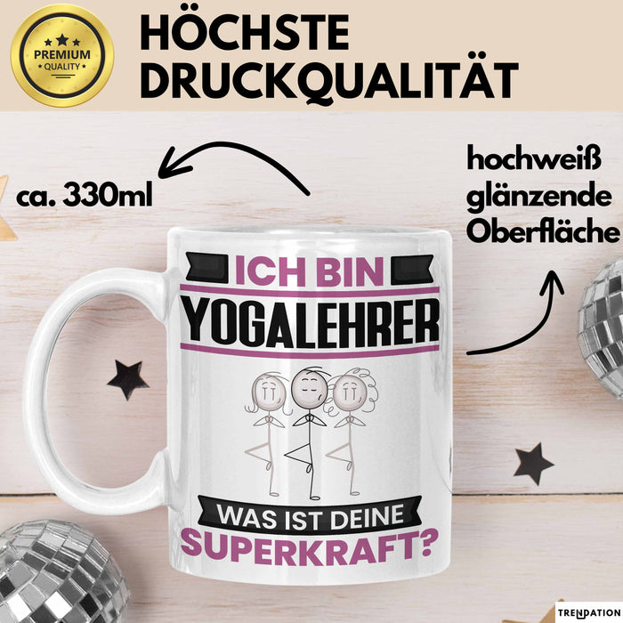 Yogalehrer Tasse Geschenk für Yogalehrer Geburtstag Lustiger Spruch Kaffee-Becher Was Ist Deine Superkraft Weiß Trendation