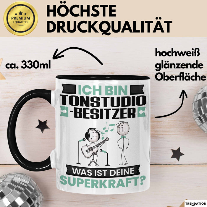 Tonstudio-Besitzer Tasse Geschenk für Tonstudio-Besitzer Geburtstag Lustiger Spruch Kaffee-Becher Was Ist Deine Superkraft Schwarz Trendation