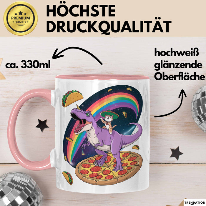 Katzen Tasse Geschenk Katze reitet Dinosaurier & isst Pizza Rosa Trendation