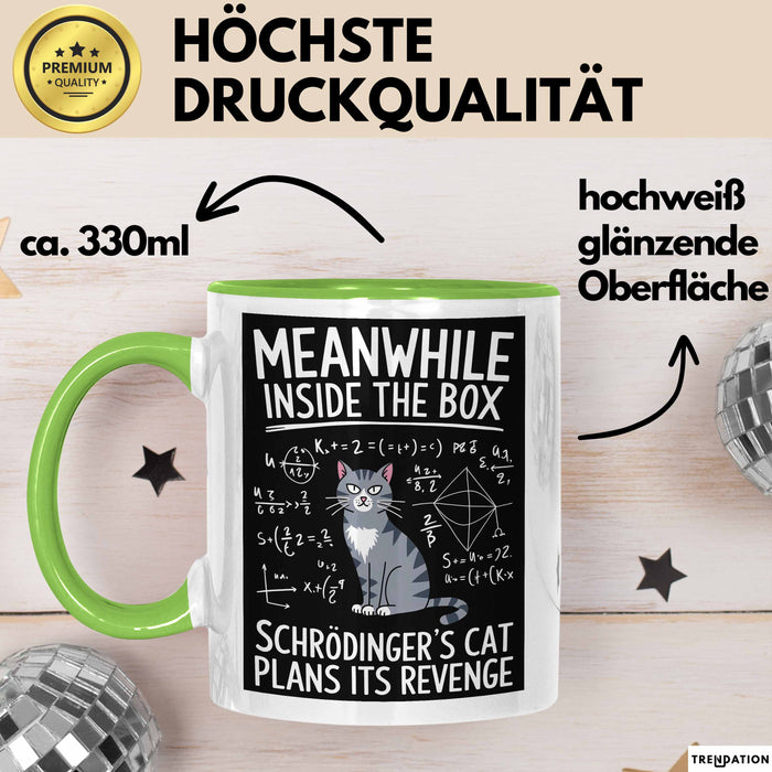 Mathe Mathematik Physik Lehrer Tasse Geschenk Lustige Geschenkidee Spruch In Der Box Schmiedet Schrödingers Katze Ihren Racheplan Grün Trendation