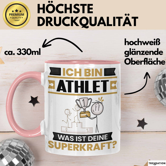 Athlet Tasse Geschenk für Athlet Geburtstag Lustiger Spruch Kaffee-Becher Was Ist Deine Superkraft Rosa Trendation