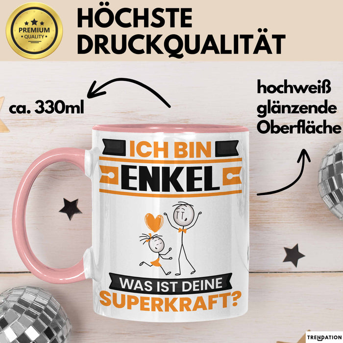 Enkel Tasse Geschenk für Enkel Geburtstag Lustiger Spruch Kaffee-Becher Was Ist Deine Superkraft Rosa Trendation