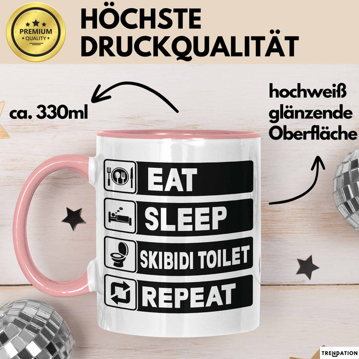 Skibidi Toilet Tasse Geschenk Meme Eat Sleet Repeat Becher Geschenkdiee Rosa Trendation
