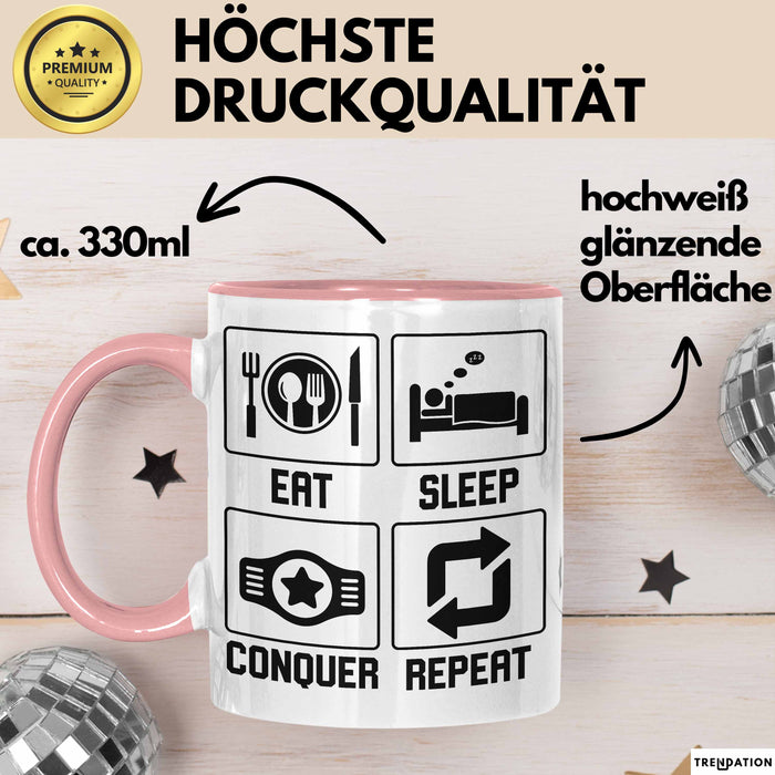 Gamer Tasse Geschenk Eat Sleep Conquer Repeat Geschenkidee Becher Rosa Trendation
