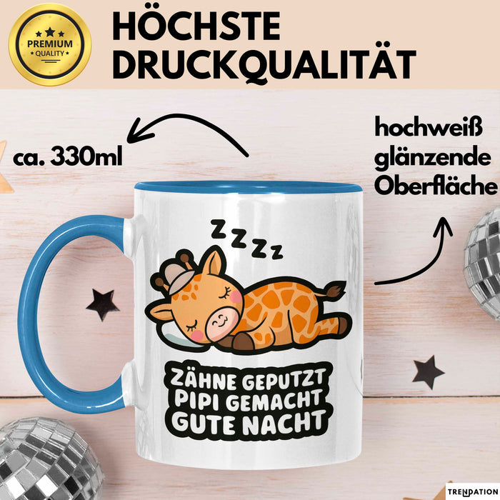 Schlafende Giraffe Tasse Geschenk Lustige Geschenkidee Spruch Zähne Geputzt Pipi Gemacht Gute Nacht Blau Trendation
