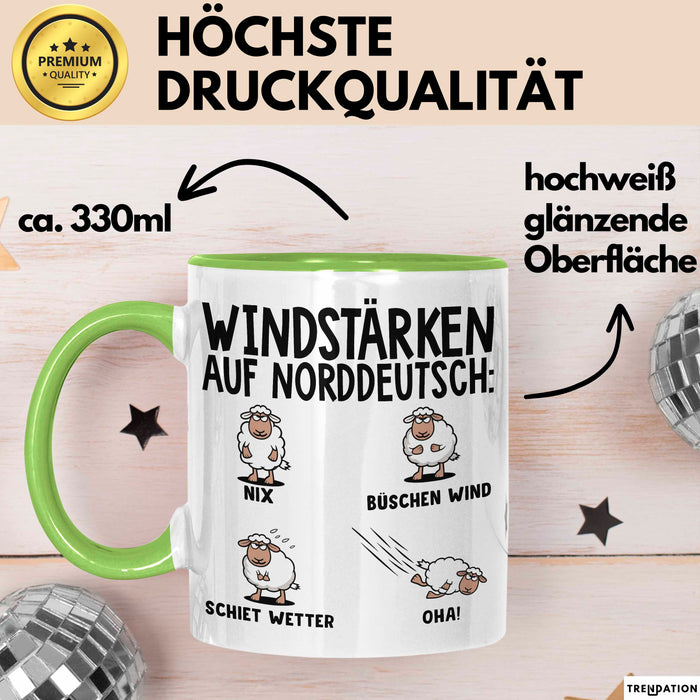 Schaf Tier Bauer Norddeutschland Tasse Becher Geschenk Lustige Geschenkidee Spruch Windstärken Auf Norddeutsch Grün Trendation