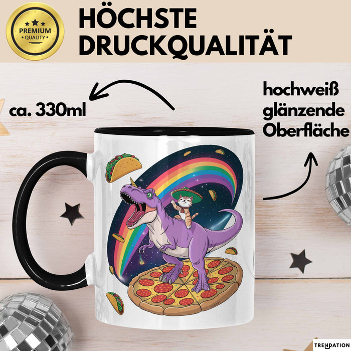 Katzen Tasse Geschenk Katze reitet Dinosaurier & isst Pizza Trendation