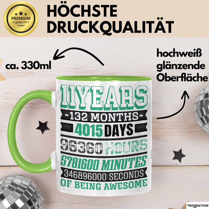 11. Geburtstag Tasse Geschenk Jungs Mädchen Becher Lustig Grün Trendation