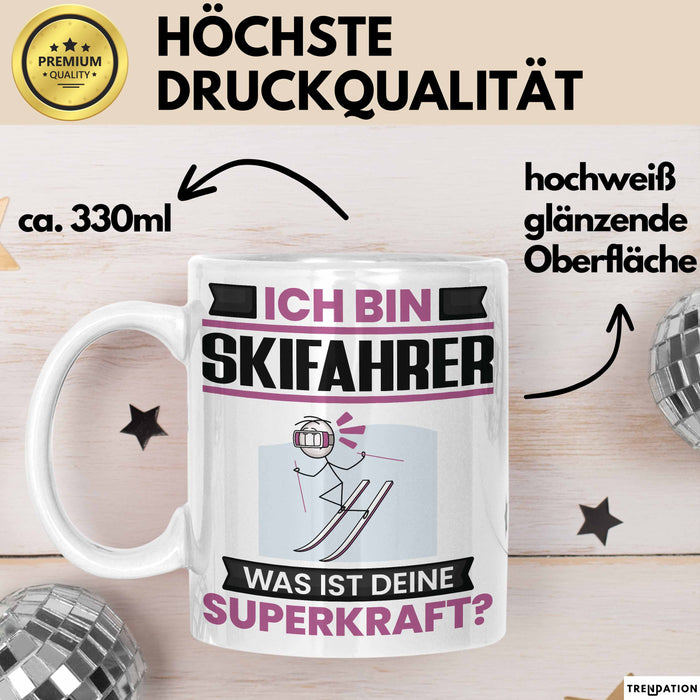 Skifahrer Tasse Geschenk für Skifahrer Geburtstag Lustiger Spruch Kaffee-Becher Was Ist Deine Superkraft Weiß Trendation