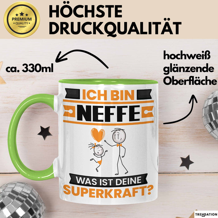 Neffe Tasse Geschenk für Neffe Geburtstag Lustiger Spruch Kaffee-Becher Was Ist Deine Superkraft Grün Trendation