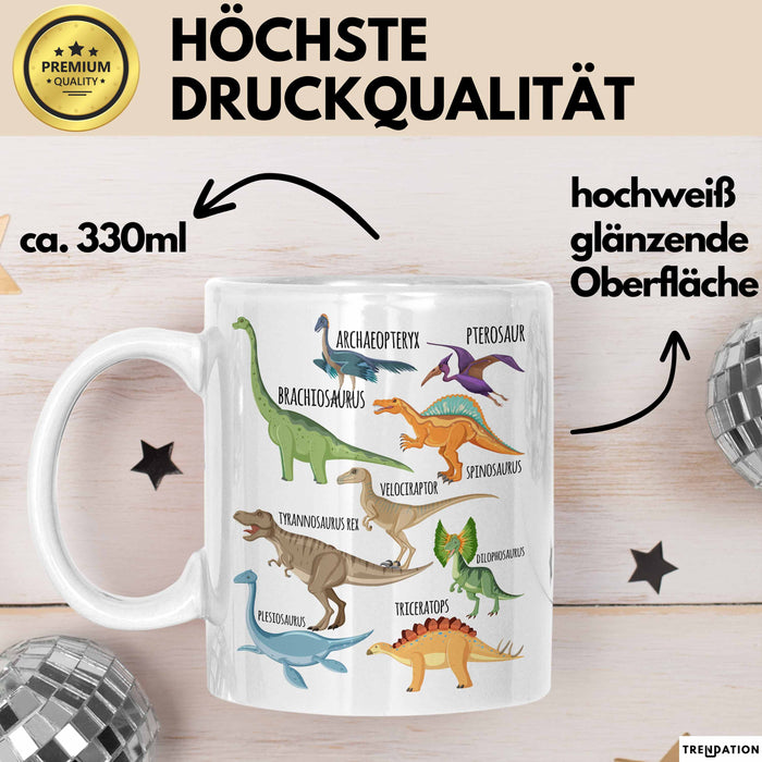Dino Tasse Geschenk Dinosaurier Geschenkidee Jungs Dino-Fans T-Rex Arten Von Dinosaurieren Kakao Becher Becher Weiß Trendation
