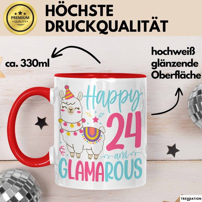 24er Geburtstag Tasse Geschenk Happy 24 And Glamarous Llama Alpaka Liebhaber Geschenkidee zum Geburtstag Rot Trendation