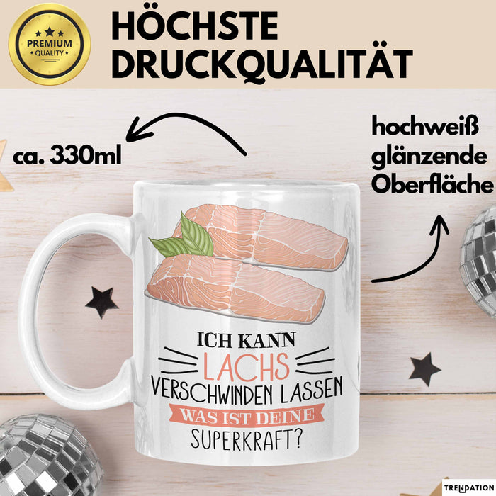Lachs-Liebhaber Tasse Geschenk Ich Kann Lachs Verschwinden Lassen Was Ist Deine Superkraft Becher Geschenkidee Lachs Kaffee-Becher Weiß Trendation