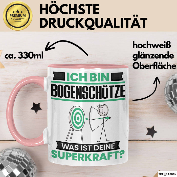 Bogenschütze Tasse Geschenk für Bogenschütze Geburtstag Lustiger Spruch Kaffee-Becher Was Ist Deine Superkraft Rosa Trendation