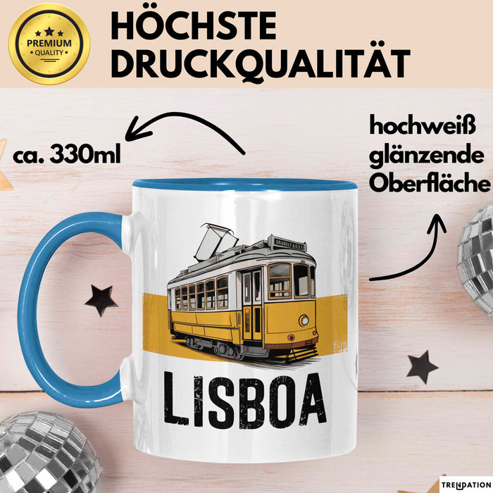 Lissabon Portugal Tasse Geschenk Lustige Geschenkidee Spruch Seilbahn Reise Straßenbahn Blau Trendation