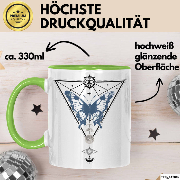 Mystical Tasse Blackcraft Lineart Moon Schmetterling Hexerei Astrologie Tattoo Kaffee-Becher Tarot Grün Trendation