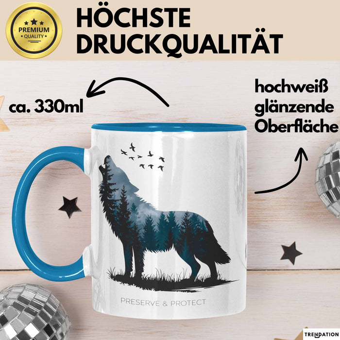 Klimaschutz Tasse Geschenk Erhalten Schützen Wolf Tiermotiv Blau Trendation