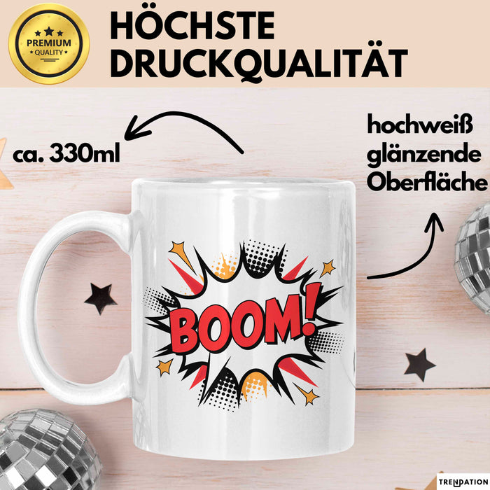 Comic Fan Tasse Boom Geschenkidee Nerds mit lustigem Spruch Weiß Trendation
