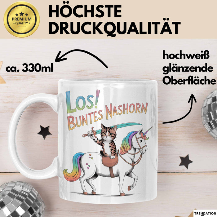 Sarkastische Katze Pferd Tasse Geschenk Buntes Nashorn Weiß Trendation