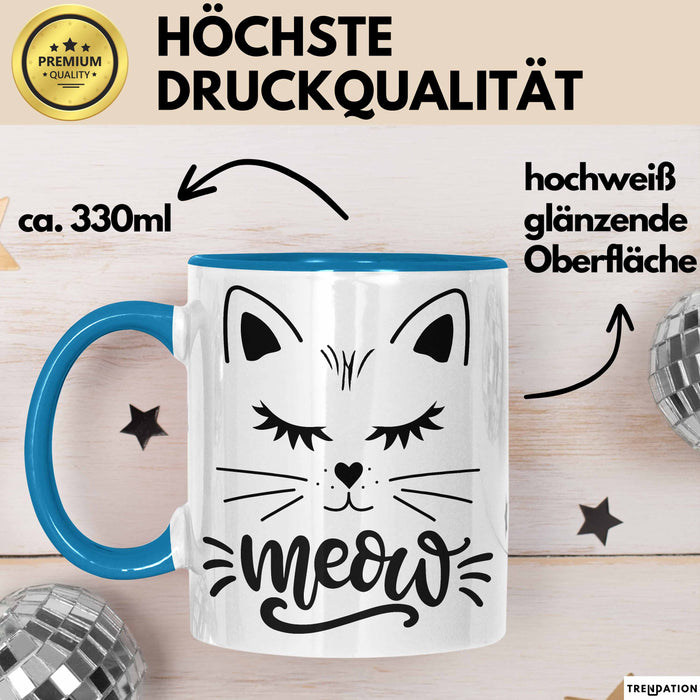 Katzen-Besitzerin Tasse Geschenk Meow Katze Geschenkidee Miau Katzen Mama Kaffee-Becher Blau Trendation
