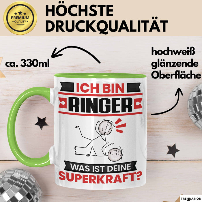 Ringer Tasse Geschenk für Ringer Geburtstag Lustiger Spruch Kaffee-Becher Was Ist Deine Superkraft Grün Trendation