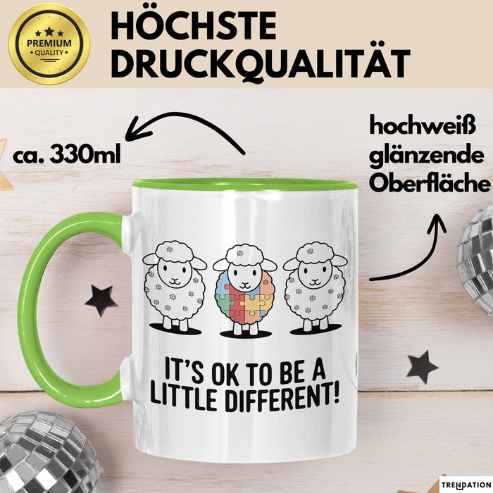 Schaf Autismus Bewusstsein Tasse Geschenk Lustige Geschenkidee Spruch Es Ist Okay Ein Bisschen Anders Zu Sein Grün Trendation