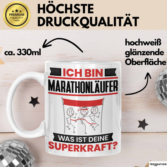 Marathonläufer Tasse Geschenk für Marathonläufer Geburtstag Lustiger Spruch Kaffee-Becher Was Ist Deine Superkraft Weiß Trendation