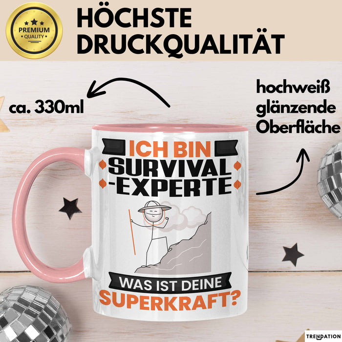 Survival-Experte Tasse Geschenk für Survival-Experte Geburtstag Lustiger Spruch Kaffee-Becher Was Ist Deine Superkraft Rosa Trendation