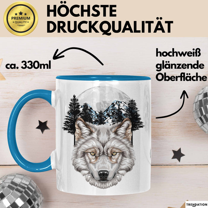 Wolf Tasse Geschenk Realistisch Berglandschaft Vollmond Geschenkidee Blau Trendation