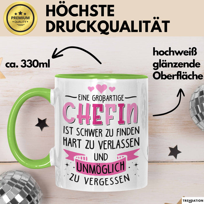 Büroarbeit Kollege Chef Tasse Geschenk Lustige Geschenkidee Spruch Eine Großartige Chefin Ist Schwer Zu Finden Grün Trendation