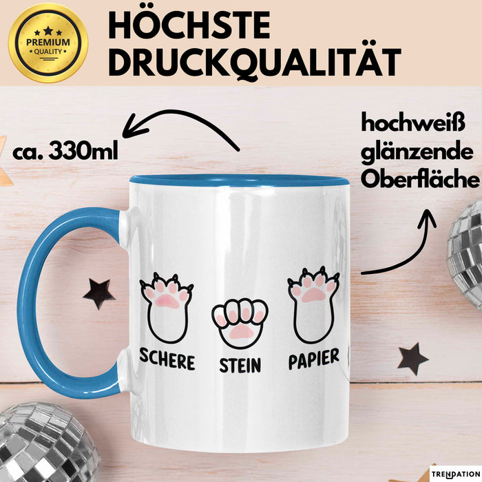 Katzen Tierliebhaber Tasse Geschenk Lustige Geschenkidee Spruch Schere Stein Papier Blau Trendation